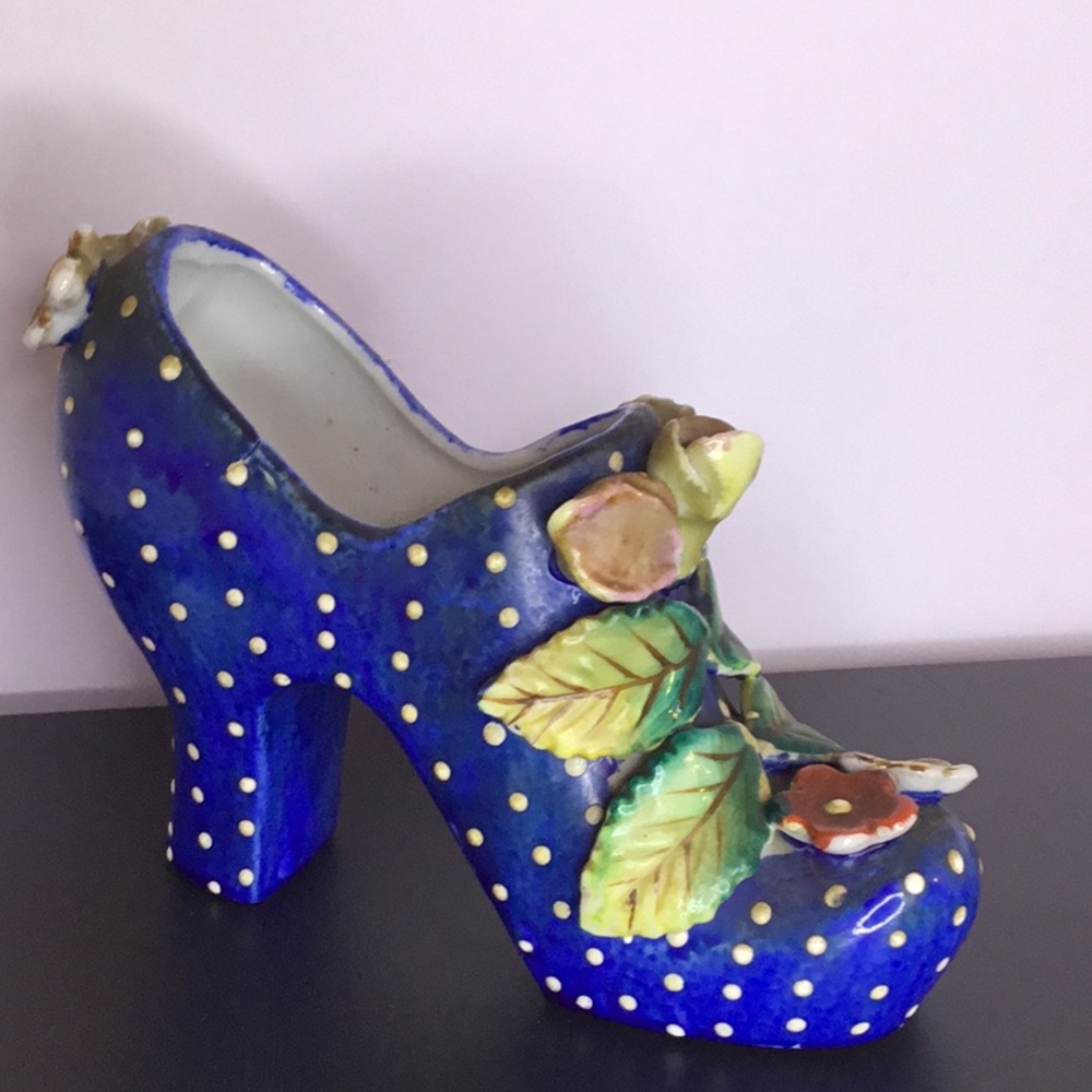 Vintage Blue Porcelain Ceramic Polka Dot Shoe Vase
